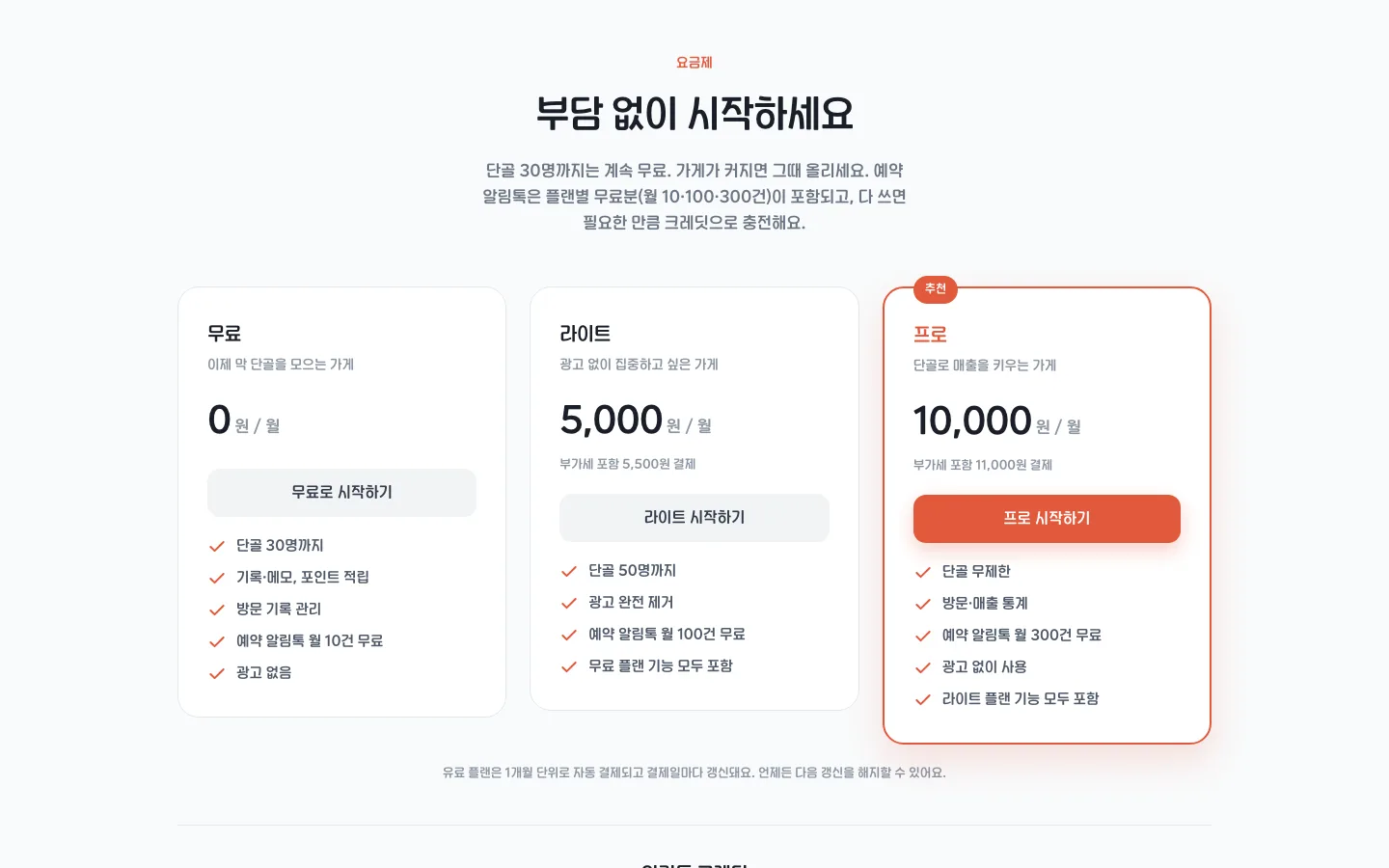 로요 요금제 안내. 무료, 라이트, 프로 세 가지 플랜